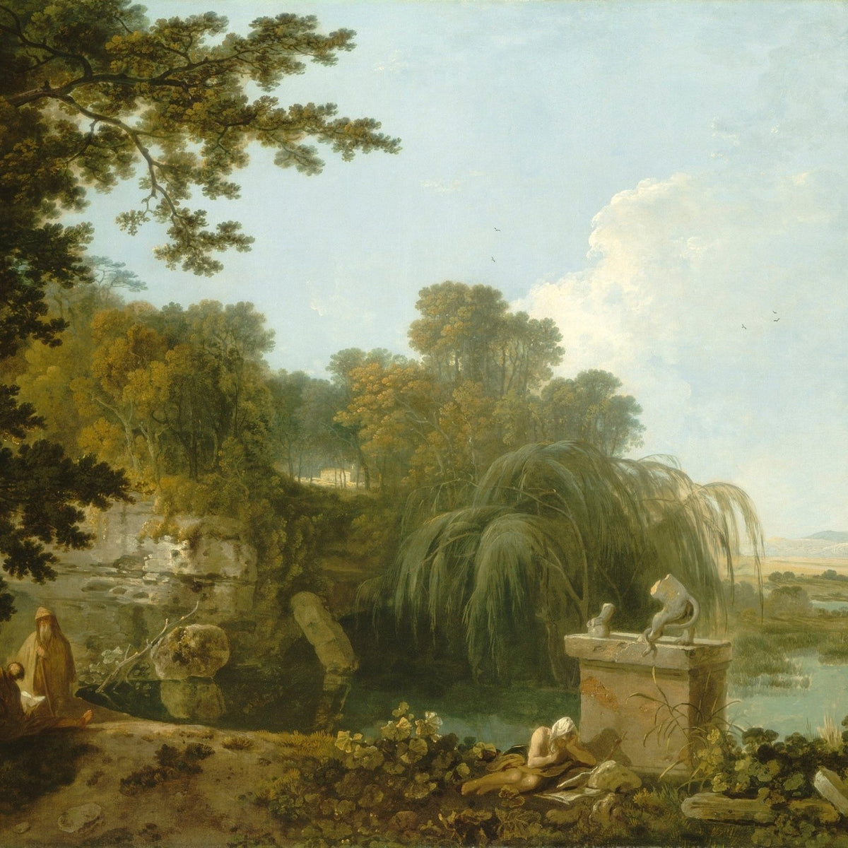Hand-painted river garden with figures and willow landscape oil painting on canvas