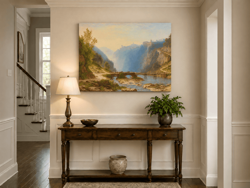 Landscape Oil Painting - River Gorge Bridge and Cliffside Town