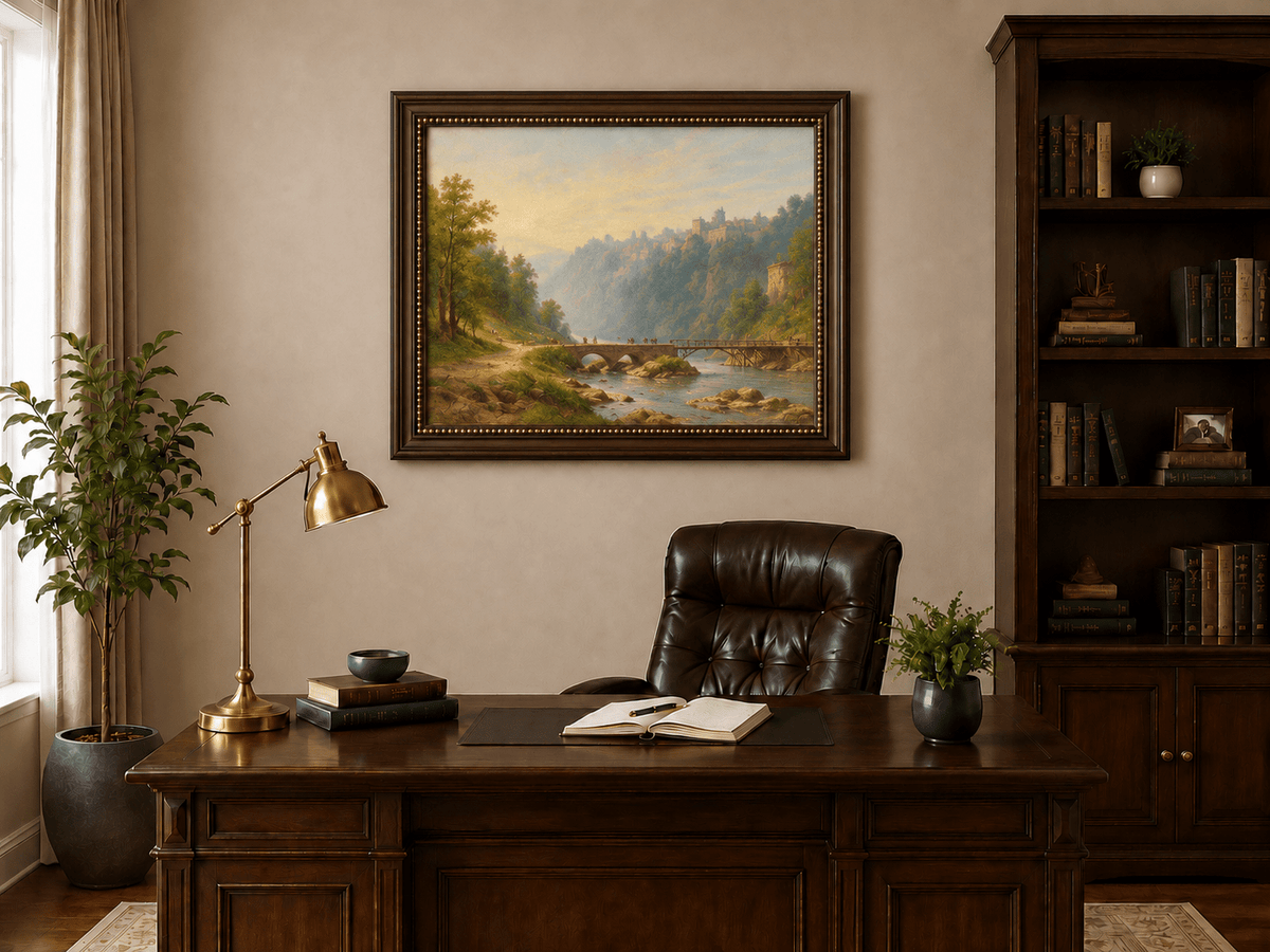 Landscape Oil Painting - River Gorge Bridge and Cliffside Town