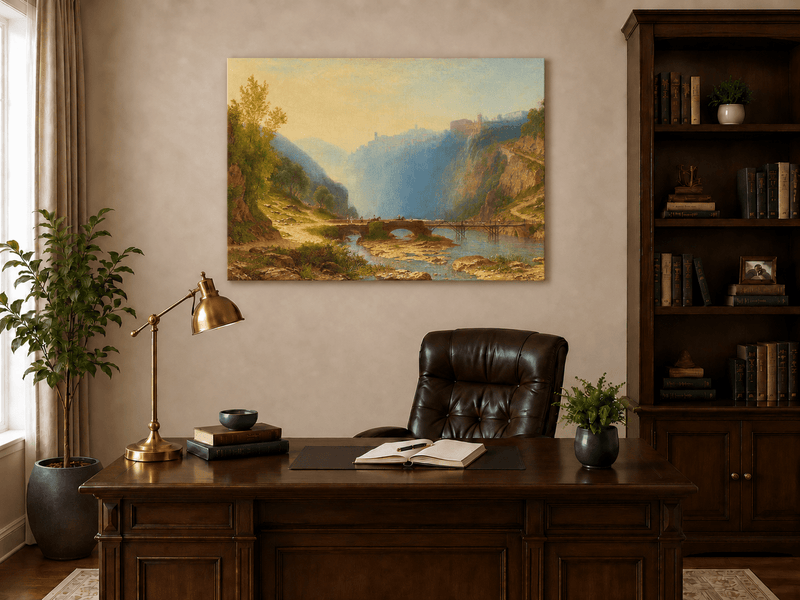 Landscape Oil Painting - River Gorge Bridge and Cliffside Town