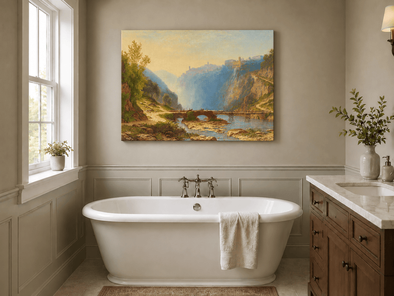 Landscape Oil Painting - River Gorge Bridge and Cliffside Town