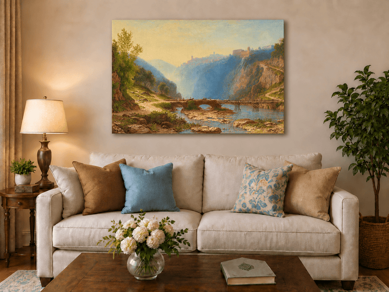 Landscape Oil Painting - River Gorge Bridge and Cliffside Town