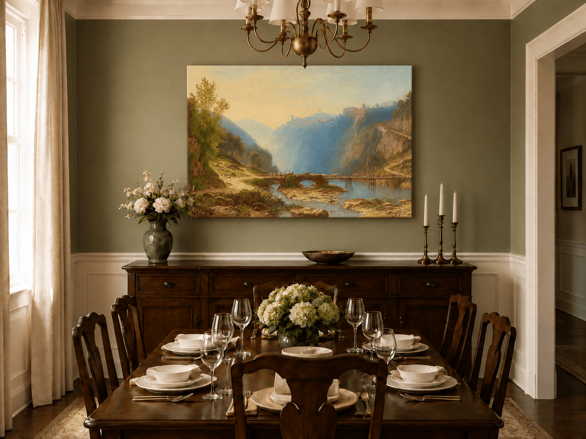 Landscape Oil Painting - River Gorge Bridge and Cliffside Town