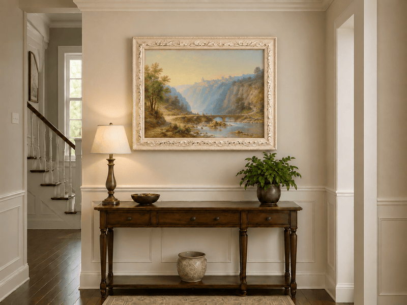 Landscape Oil Painting - River Gorge Bridge and Cliffside Town