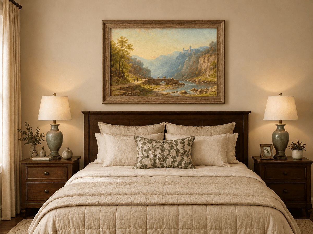 Landscape Oil Painting - River Gorge Bridge and Cliffside Town