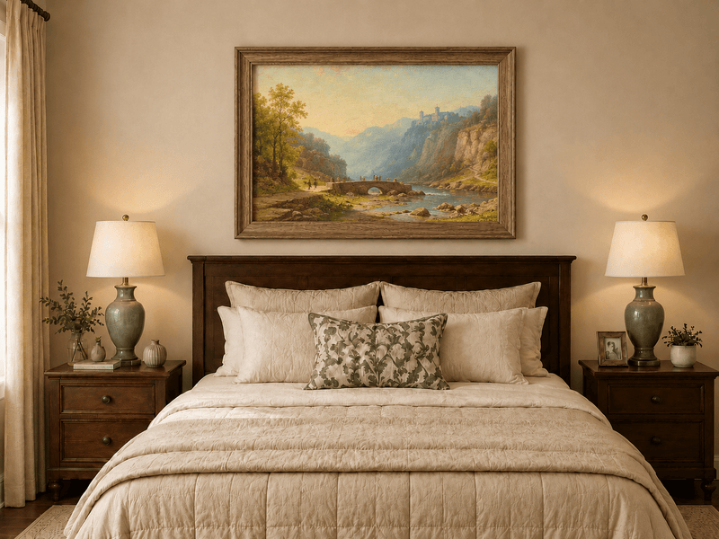 Landscape Oil Painting - River Gorge Bridge and Cliffside Town