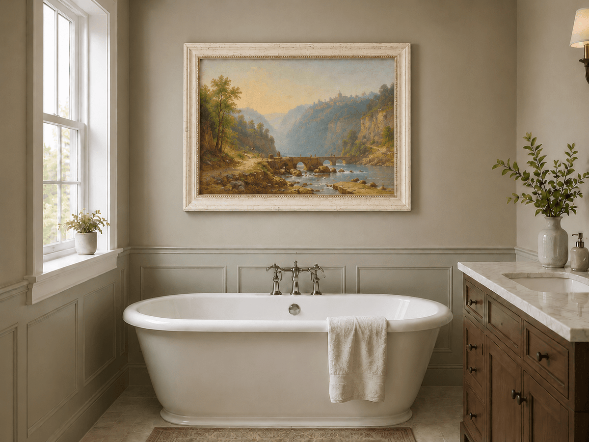 Landscape Oil Painting - River Gorge Bridge and Cliffside Town
