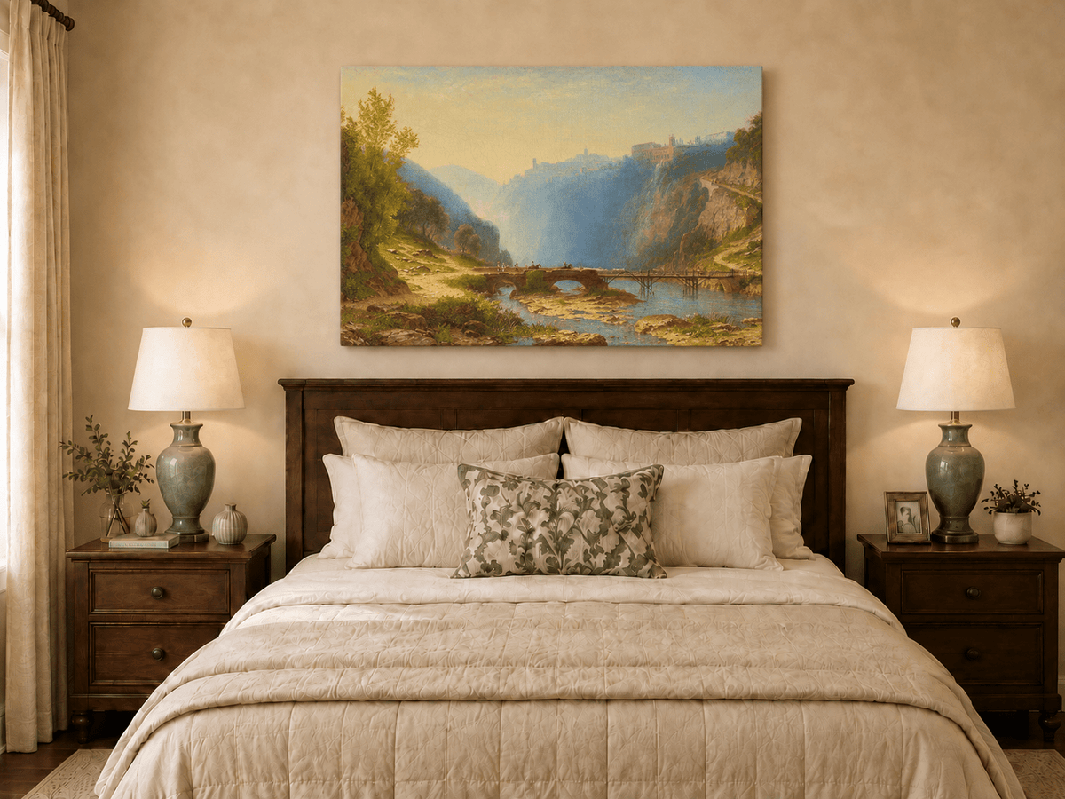 Landscape Oil Painting - River Gorge Bridge and Cliffside Town