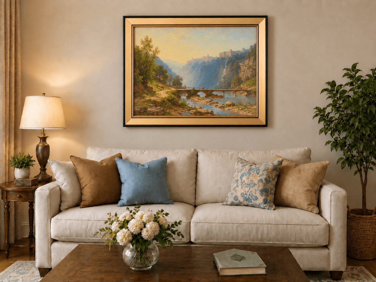 Landscape Oil Painting - River Gorge Bridge and Cliffside Town