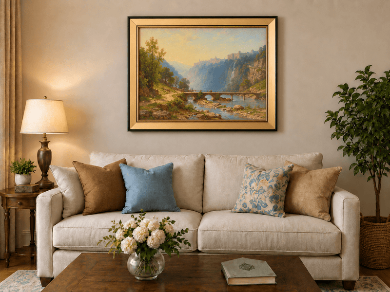 Landscape Oil Painting - River Gorge Bridge and Cliffside Town
