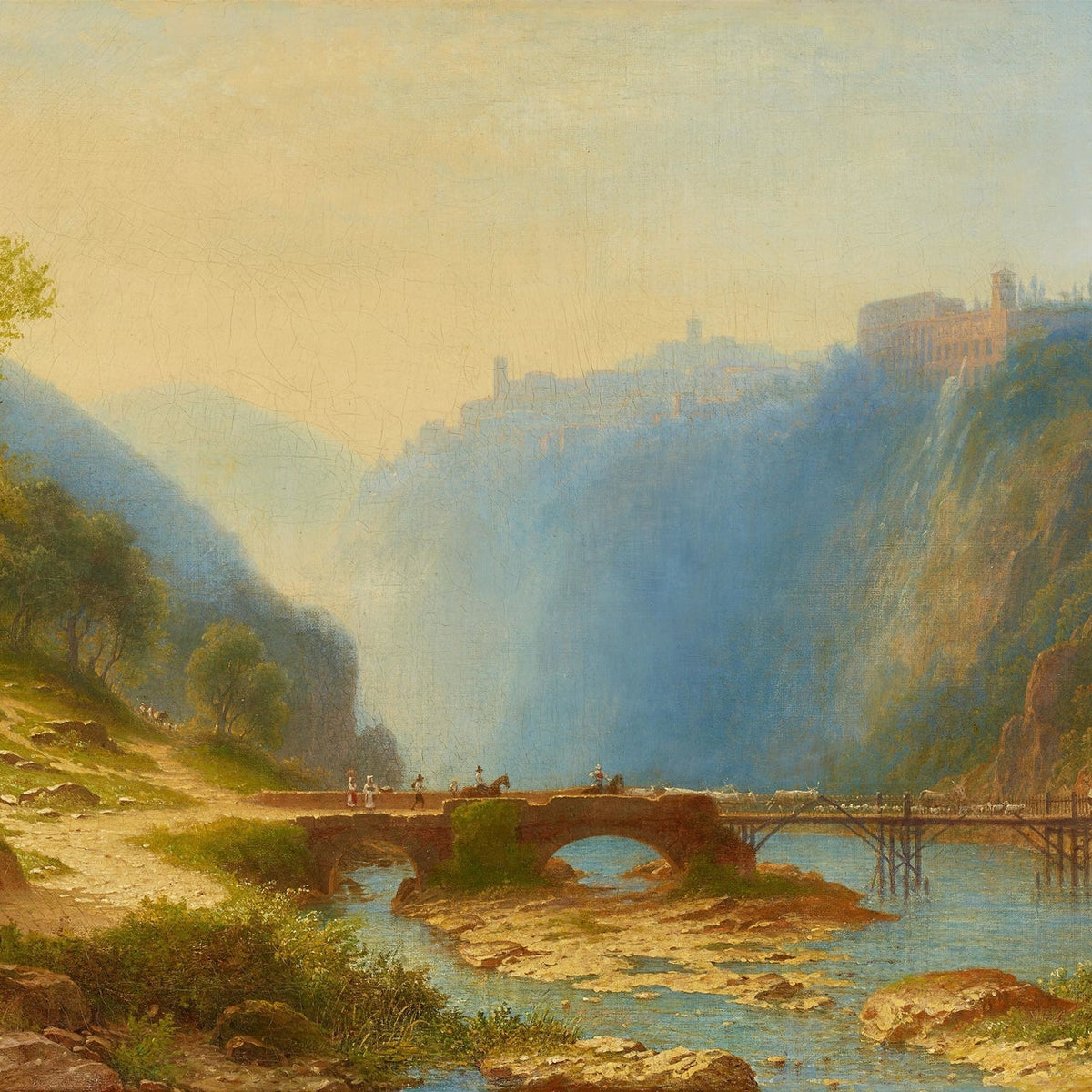 Hand-painted river gorge bridge and cliffside town landscape oil painting on canvas