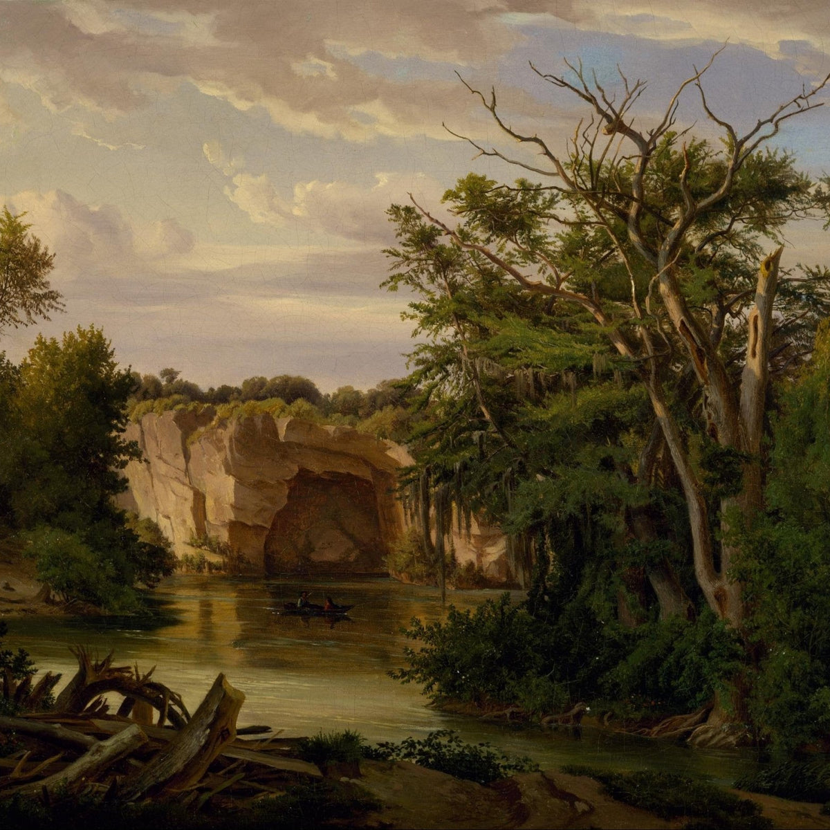 Hand-painted river gorge with forest and boat landscape oil painting on canvas