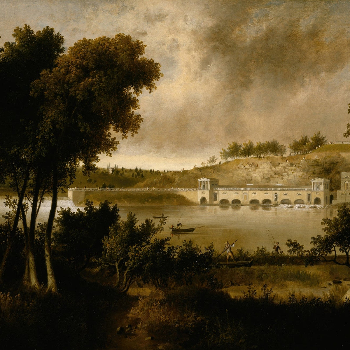 Landscape Oil Painting - River, Grand Dam - Bridge & Wooded Riverbanks - Oil Painting Haven