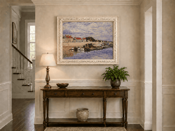 River harbor, boats and village houses hand-painted oil artwork shown as home wall decor.