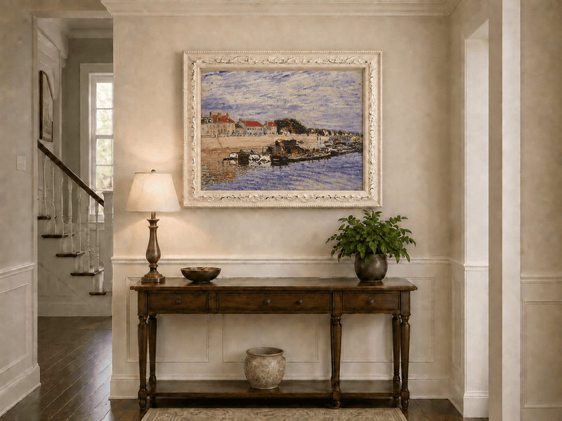 River harbor, boats and village houses hand-painted oil artwork shown as home wall decor.