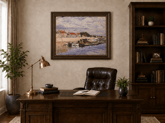 Boats by village houses in a river harbor landscape oil painting presented in an interior wall art mockup.