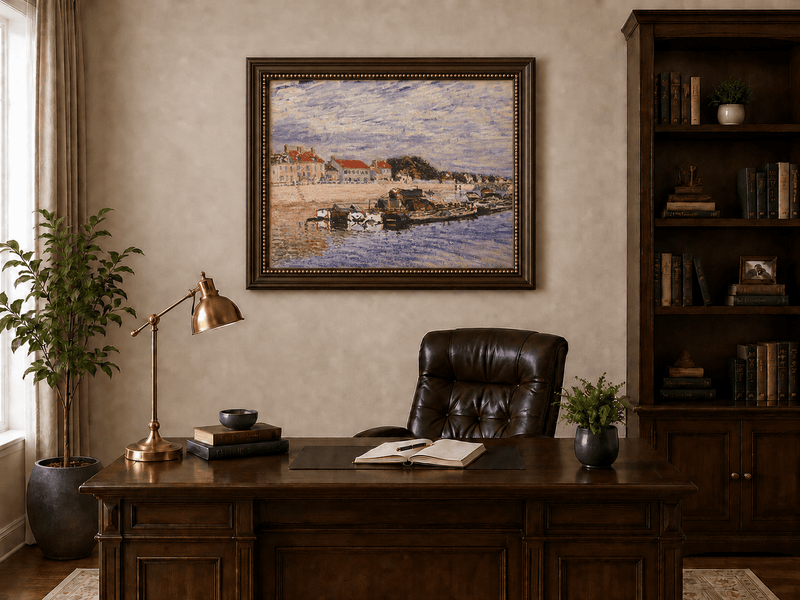 Boats by village houses in a river harbor landscape oil painting presented in an interior wall art mockup.