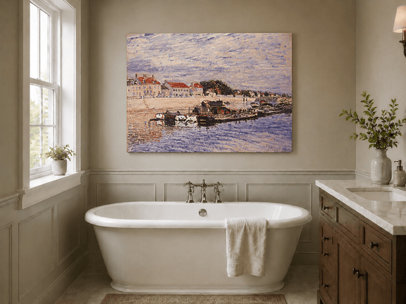 River harbor with boats and village houses landscape oil painting presented as styled home decor.