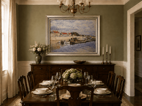 River harbor boats and village houses oil landscape artwork shown in a styled home interior.