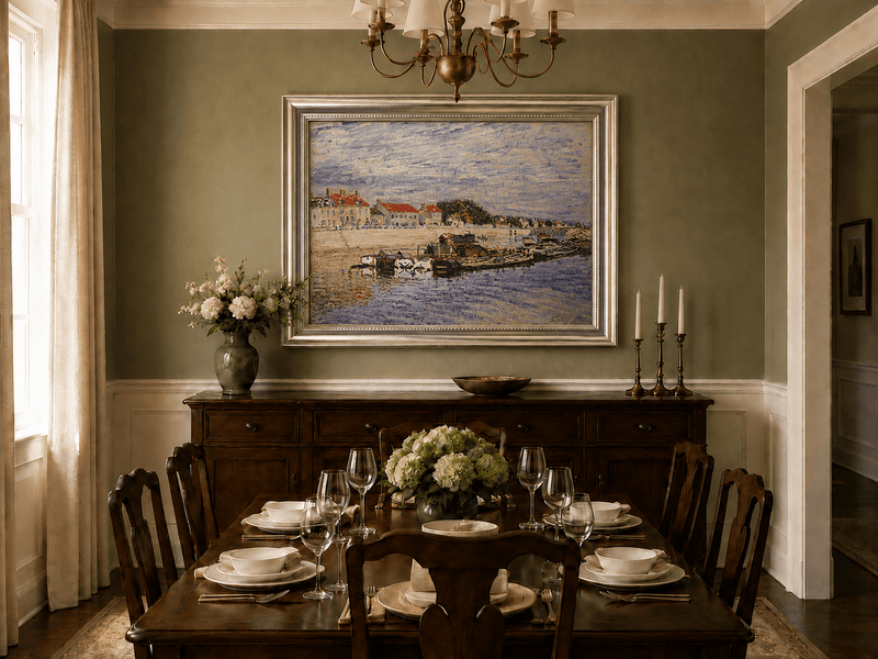 River harbor boats and village houses oil landscape artwork shown in a styled home interior.