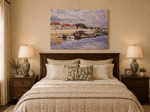 River harbor with boats oil painting displayed as landscape wall decor.