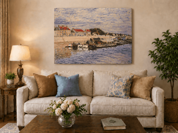 Village harbor boats hand-painted oil artwork displayed in a second interior view.