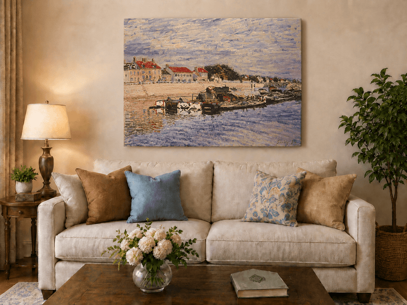 Village harbor boats hand-painted oil artwork displayed in a second interior view.