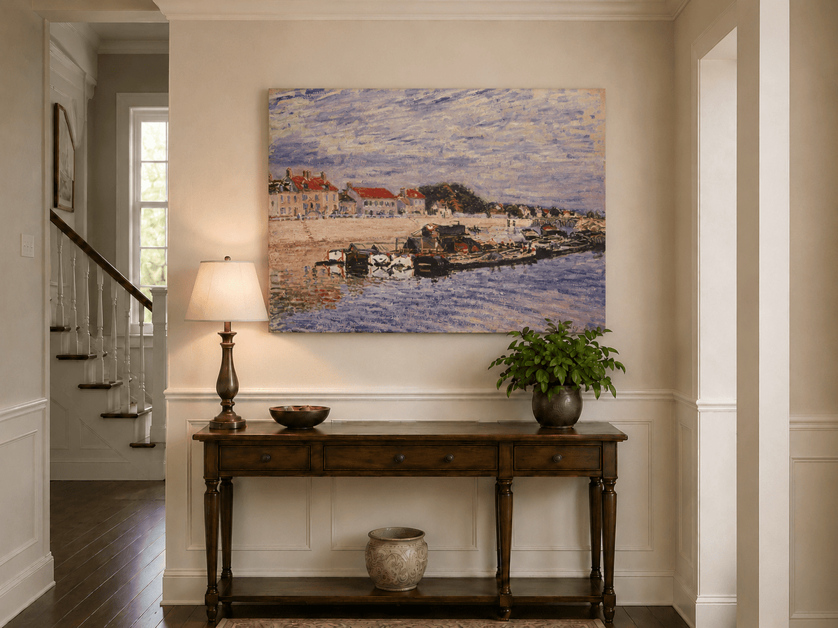 River harbor and village landscape painting shown as decorative oil wall art.