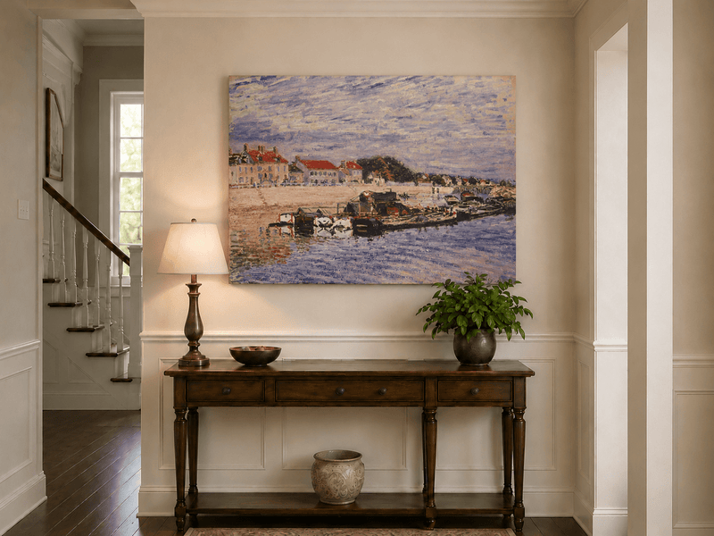 River harbor and village landscape painting shown as decorative oil wall art.