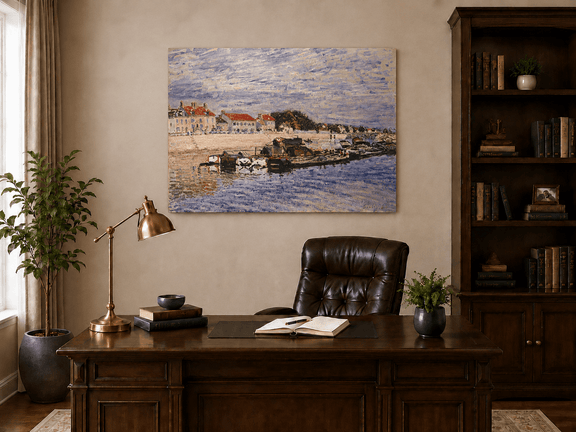 Interior wall art view featuring a river harbor with boats and village houses oil painting.