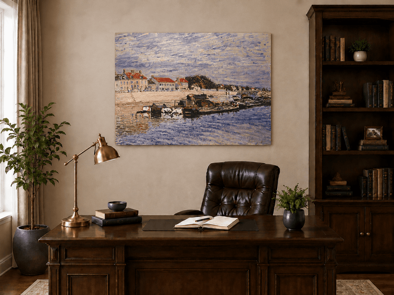 Interior wall art view featuring a river harbor with boats and village houses oil painting.