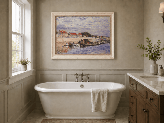 River harbor landscape oil painting presented as interior home decor.