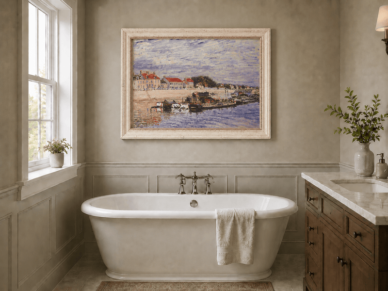 River harbor landscape oil painting presented as interior home decor.