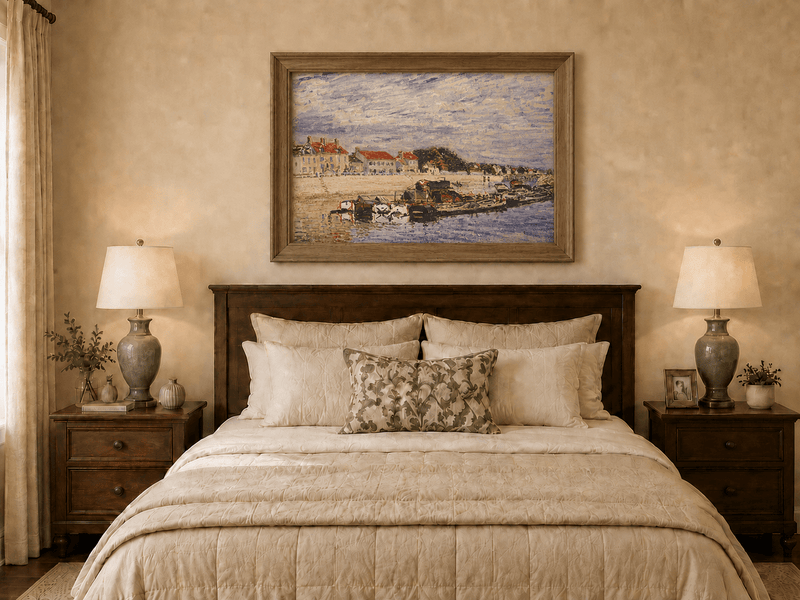Hand-painted river harbor with boats and village houses displayed as decorative wall art.