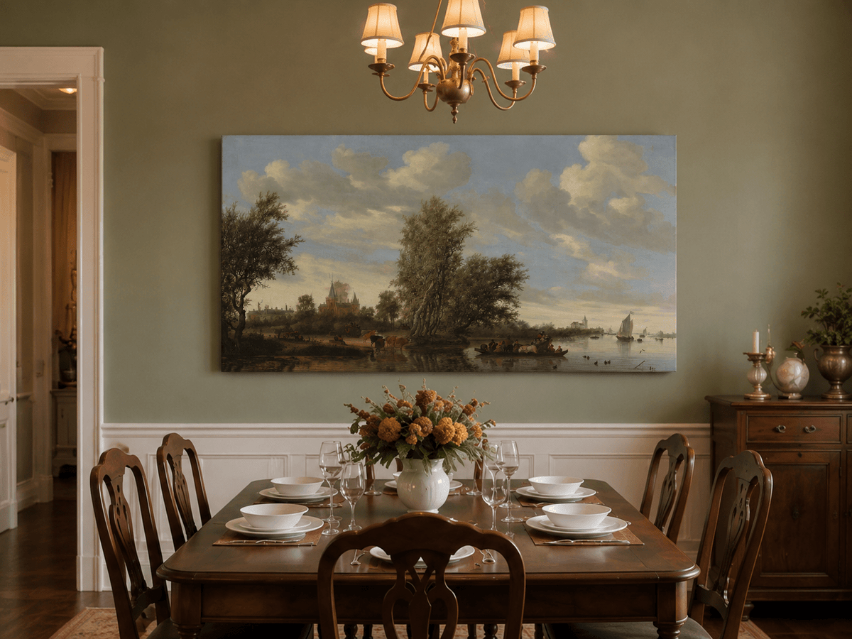Landscape Oil Painting - River Landscape Boats & Village