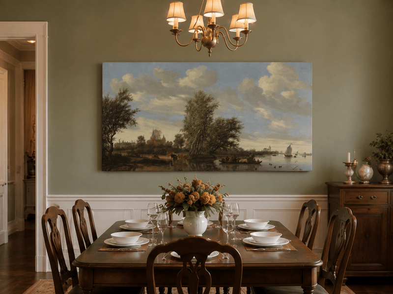 Landscape Oil Painting - River Landscape Boats & Village