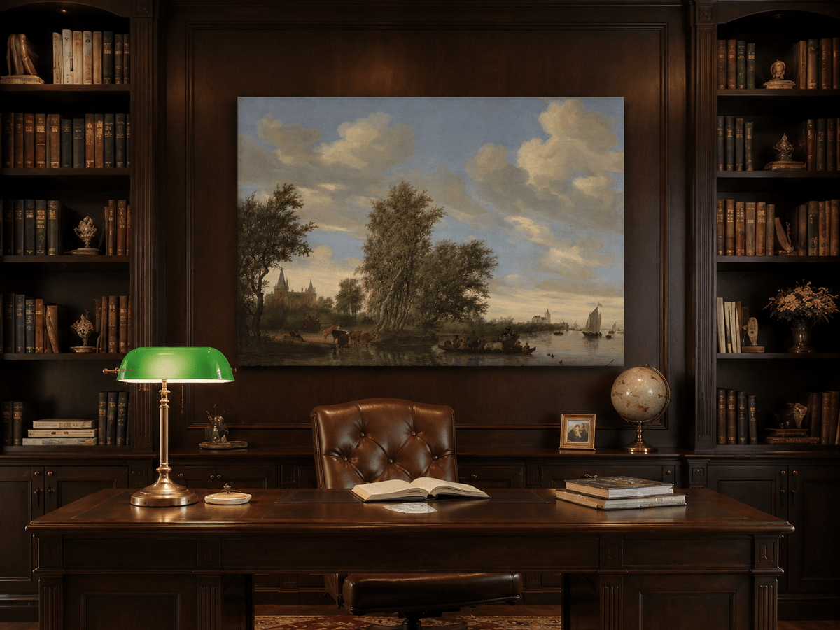 Landscape Oil Painting - River Landscape Boats & Village