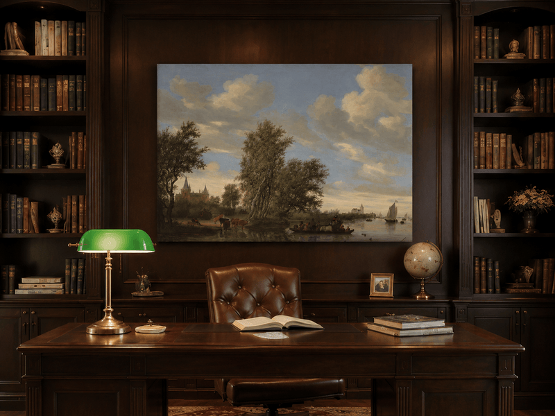Landscape Oil Painting - River Landscape Boats & Village