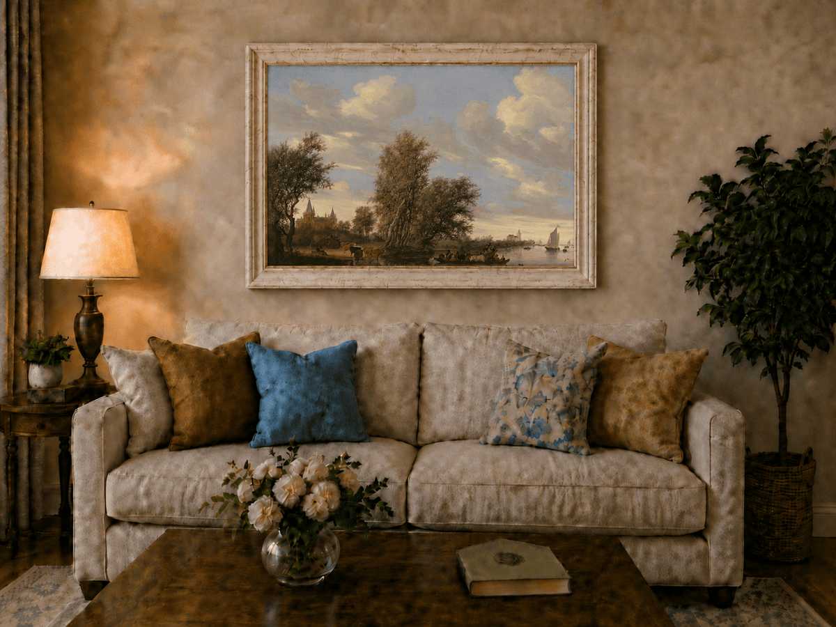 Landscape Oil Painting - River Landscape Boats & Village