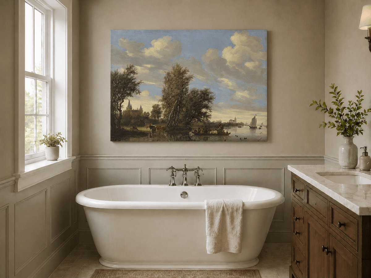 Landscape Oil Painting - River Landscape Boats & Village