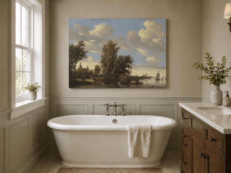 Landscape Oil Painting - River Landscape Boats & Village
