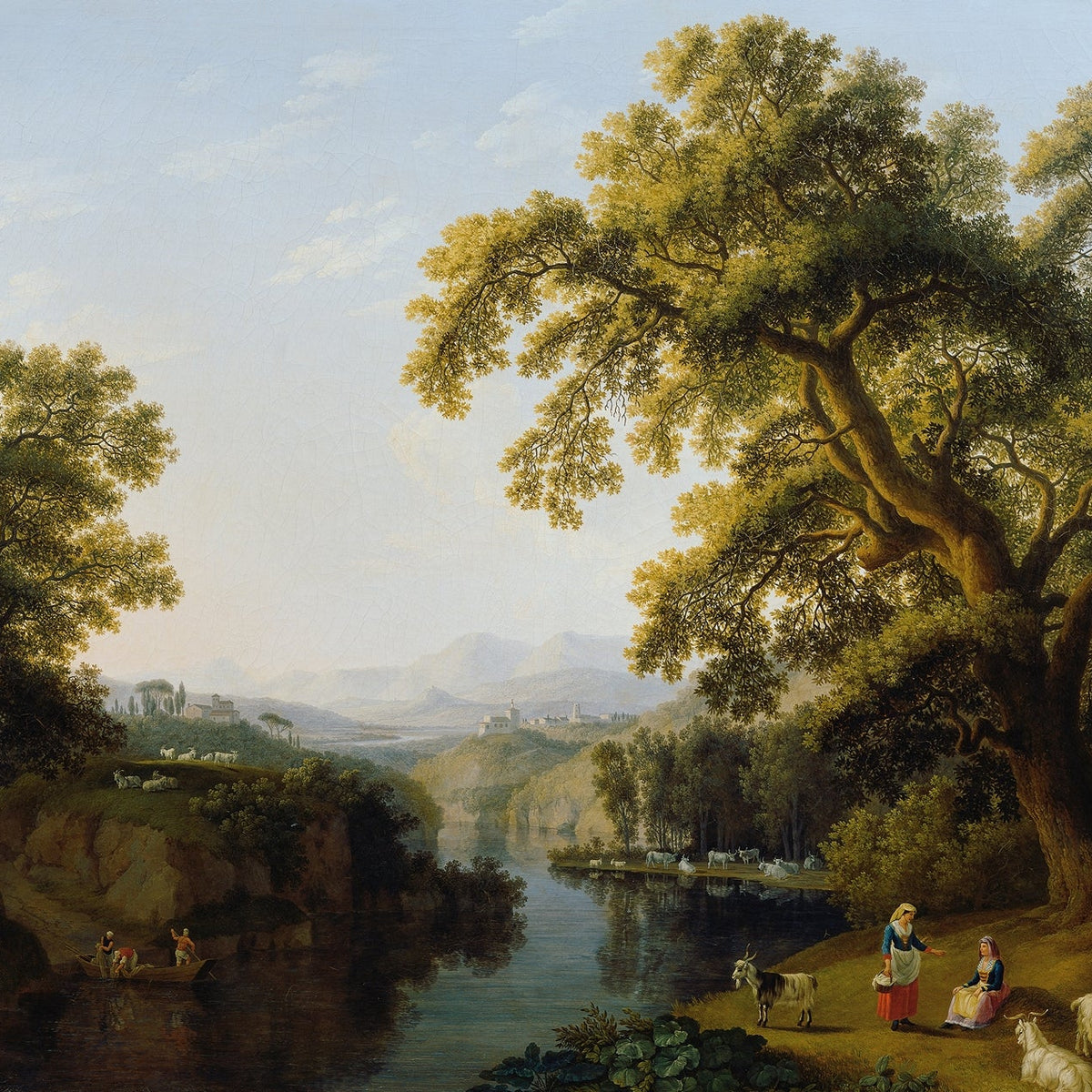 Landscape Oil Painting - River, Large Trees, Shepherdesses & Hill Town - Oil Painting Haven
