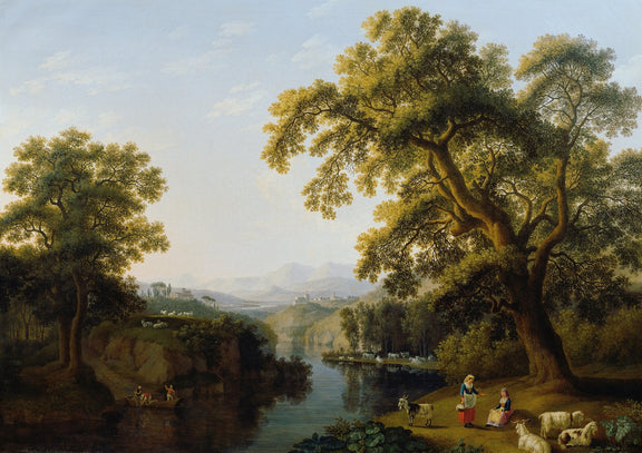 Landscape Oil Painting - River, Large Trees, Shepherdesses & Hill Town - Oil Painting Haven