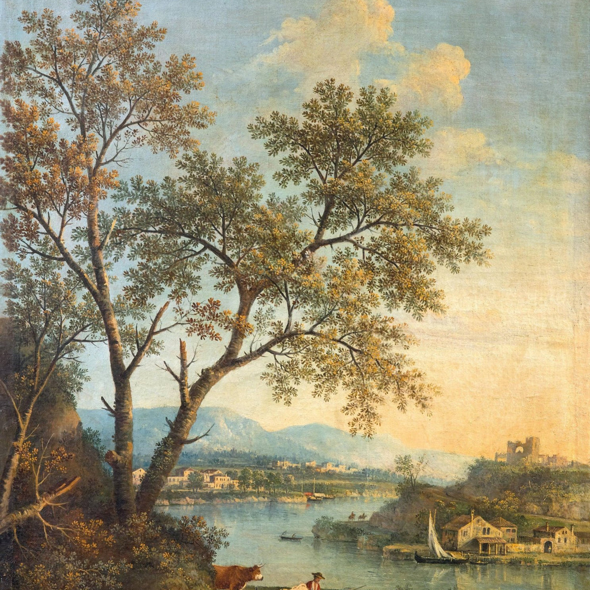 Hand-painted river pastoral with cattle and village landscape oil painting on canvas