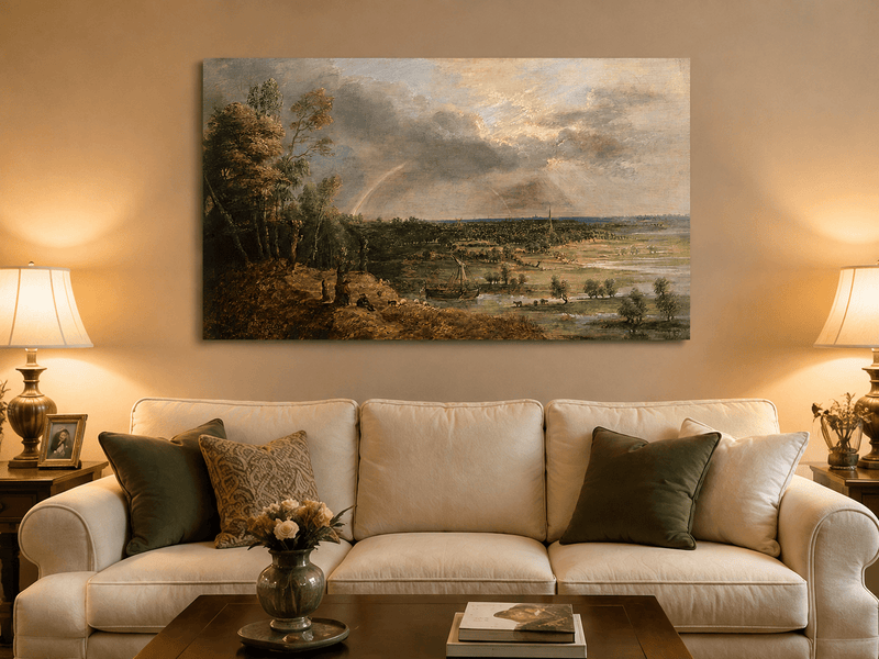 Peinture à l'huile de paysage - Scène de rivière hivernale avec personnages et chevaux