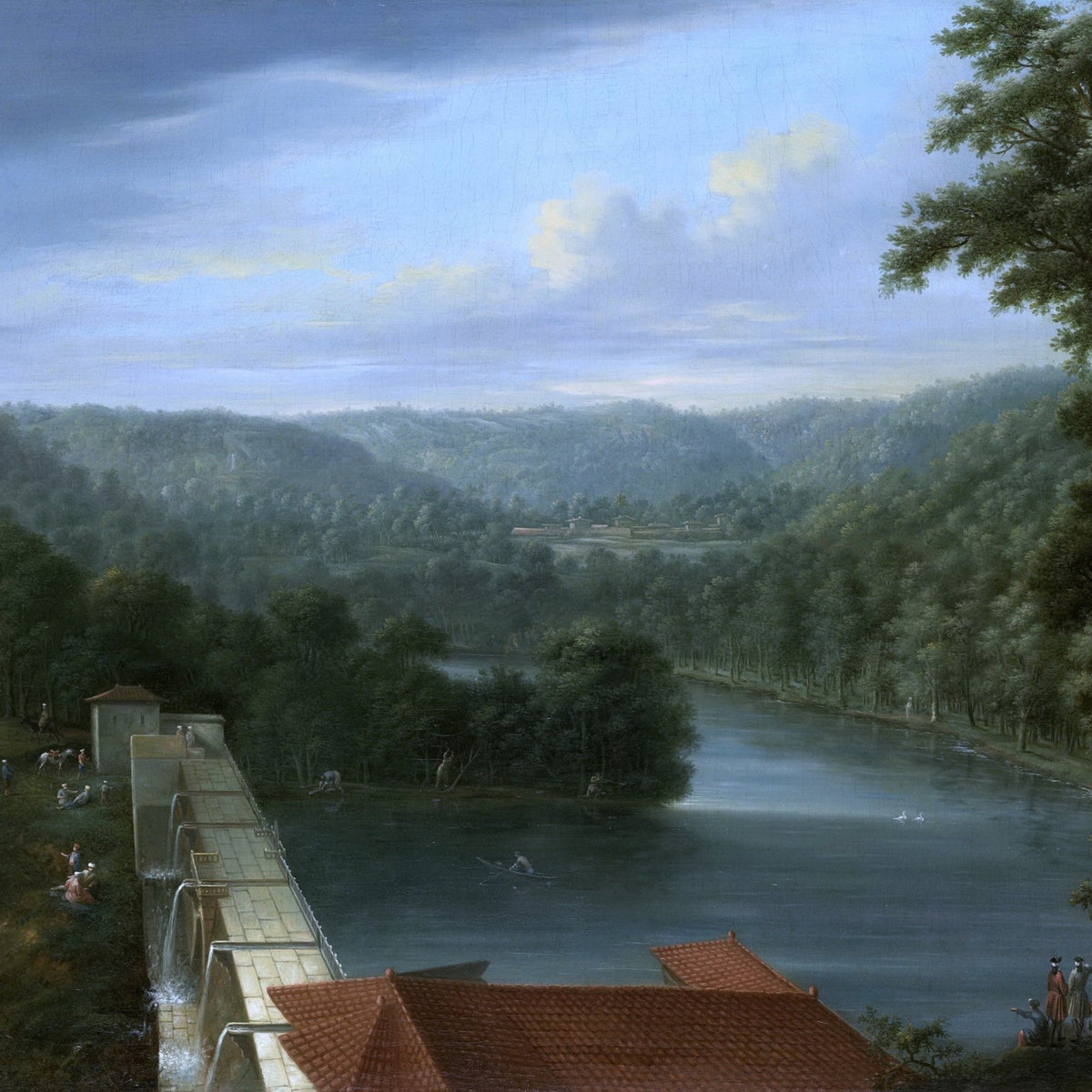 Hand-painted river reservoir and forest hills view landscape oil painting on canvas