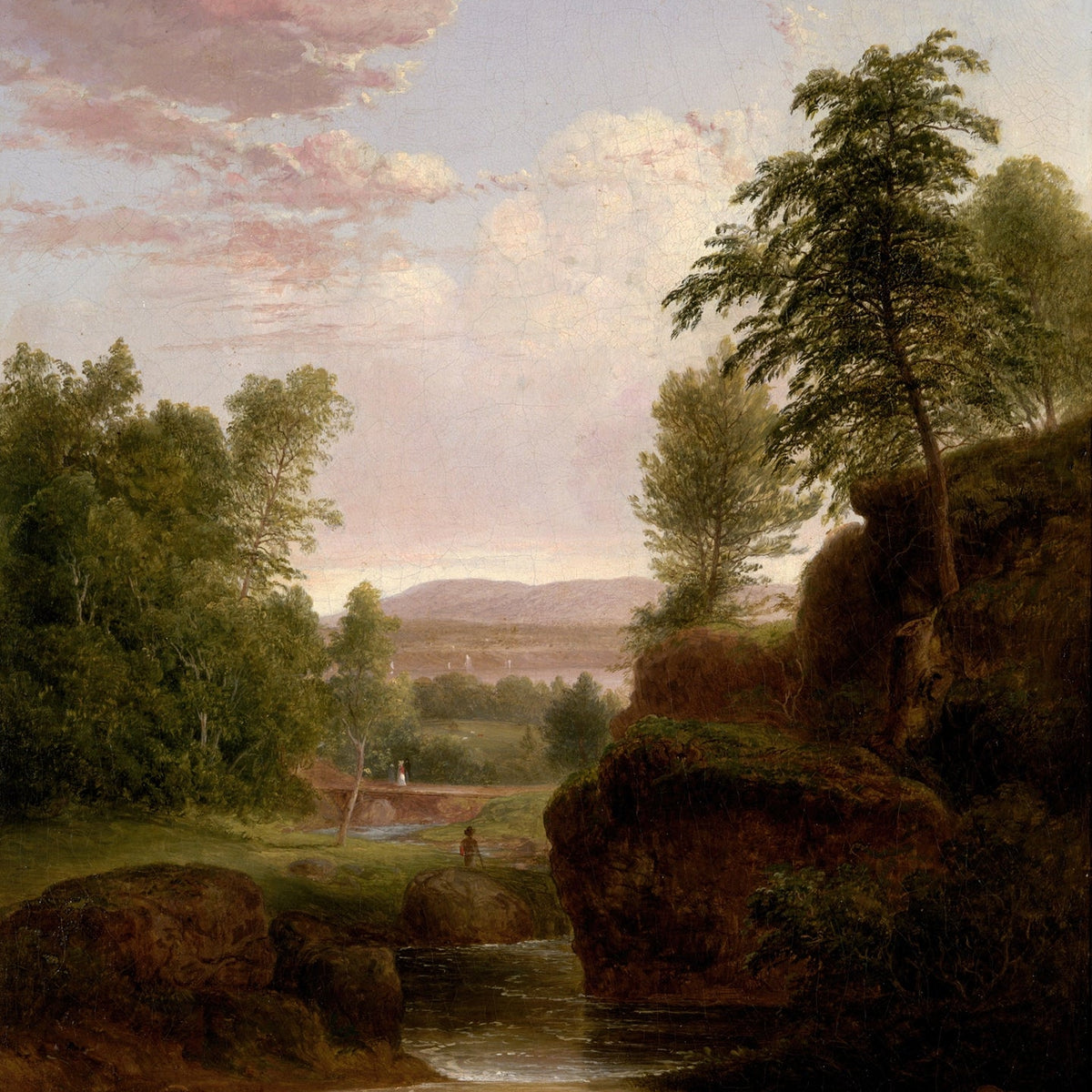 Landscape Oil Painting - River, Rocky Banks, Lush Trees & Distant Hills - Oil Painting Haven