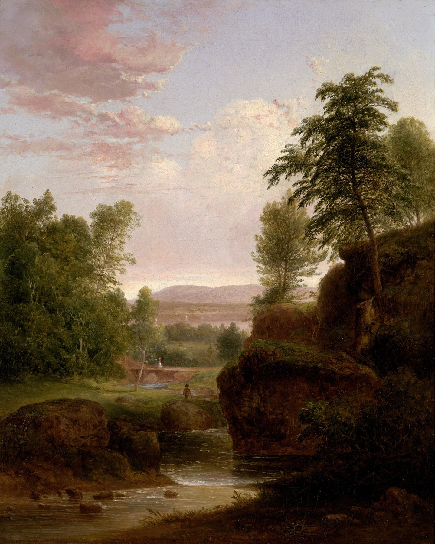 Landscape Oil Painting - River, Rocky Banks, Lush Trees & Distant Hills - Oil Painting Haven