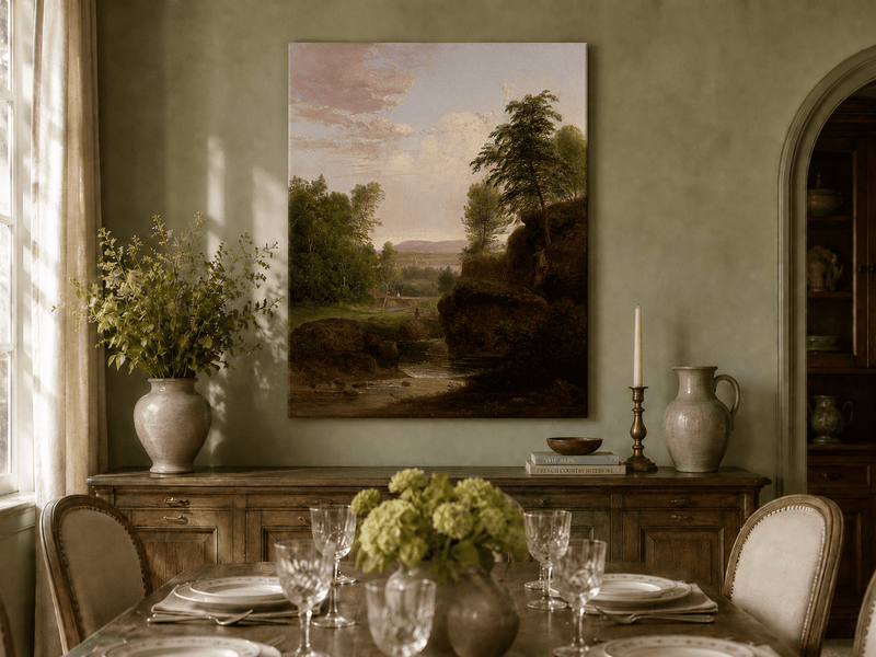 Landscape Oil Painting - River, Rocky Banks, Lush Trees & Distant