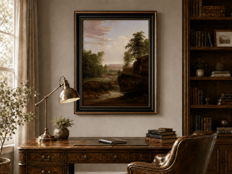 Landscape Oil Painting - River, Rocky Banks, Lush Trees & Distant